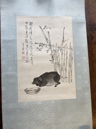 Pu Xinyu 溥心畬 (1896-1963): 'Cochon se reposant sous la glycine', encre et couleurs sur papier