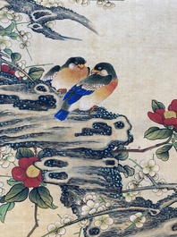 Miao Jiahui 繆嘉慧 (1831-1901): Vier scrolls met vogels bij bloesemtakken, inkt en kleur op zijde