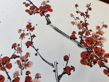 Liu Bingsen 劉炳森 (1937-2005) et Dong Shouping 董壽平 (1904-1997): Calligraphie aux fleurs de prunus, encre et couleurs sur papier