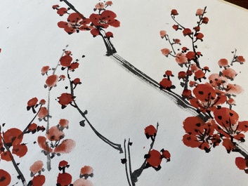 Liu Bingsen 劉炳森 (1937-2005) and Dong Shouping 董壽平 (1904-1997): Calligraphy with prunus flowers, ink and colour on paper