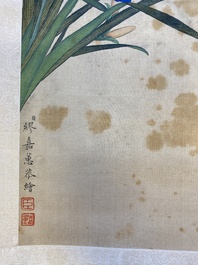 Miao Jiahui 繆嘉慧 (1831-1901): Vier scrolls met vogels bij bloesemtakken, inkt en kleur op zijde