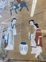 Chinese school: Two garden scenes with ladies and boys, ink and colour on silk, Qing