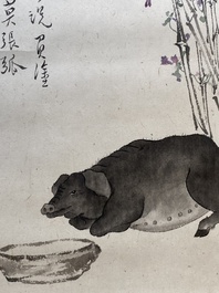 Pu Xinyu 溥心畬 (1896-1963): 'A pig resting by wisteria', ink and colour on paper