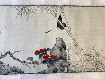Yu Fei'an 于非闇 (1889-1959): 'Papillon, bambous et cam&eacute;lias', encre et couleurs sur soie, dat&eacute; 1941