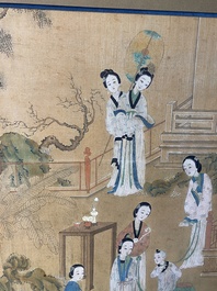Chinese school: Twee tuinsc&egrave;nes met dames en jongens, inkt en kleur op zijde, Qing