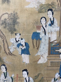 Chinese school: Twee tuinsc&egrave;nes met dames en jongens, inkt en kleur op zijde, Qing