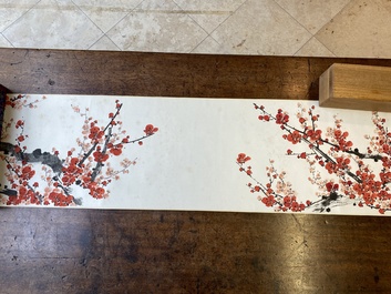 Liu Bingsen 劉炳森 (1937-2005) and Dong Shouping 董壽平 (1904-1997): Calligraphy with prunus flowers, ink and colour on paper