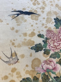 Miao Jiahui 繆嘉慧 (1831-1901): Quatre rouleaux aux oiseaux et fleurs, encre et couleurs sur soie