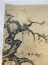 Miao Jiahui 繆嘉慧 (1831-1901): Vier scrolls met vogels bij bloesemtakken, inkt en kleur op zijde