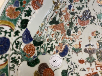 A Chinese famille verte dish with antiquities and animals, Kangxi