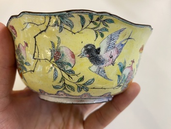 A Chinese yellow-ground Canton enamel bowl, Yongzheng/Qianlong