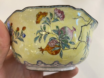 A Chinese yellow-ground Canton enamel bowl, Yongzheng/Qianlong