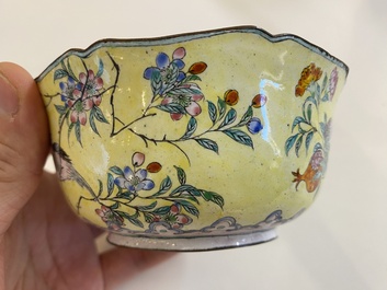 A Chinese yellow-ground Canton enamel bowl, Yongzheng/Qianlong