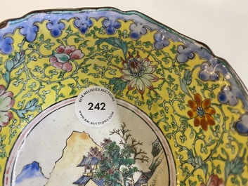 A Chinese yellow-ground Canton enamel bowl, Yongzheng/Qianlong