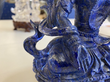 A Chinese lapis lazuli sculpture of Buddha and two of Guanyin in rock crystal and soapstone, 19/20th C.