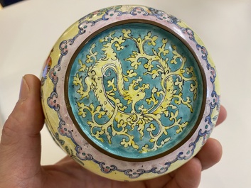 A Chinese yellow-ground Canton enamel bowl, Yongzheng/Qianlong