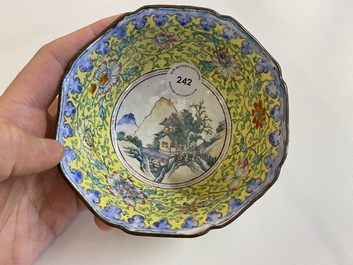 A Chinese yellow-ground Canton enamel bowl, Yongzheng/Qianlong