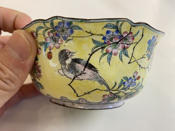 A Chinese yellow-ground Canton enamel bowl, Yongzheng/Qianlong