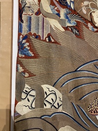 A large Chinese silk and metallic thread embroidered wall tapestry with an opera scene, 19th C.