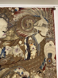 A large Chinese silk and metallic thread embroidered wall tapestry with an opera scene, 19th C.