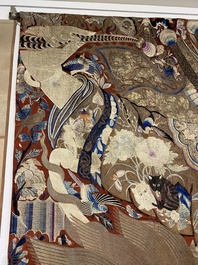 A large Chinese silk and metallic thread embroidered wall tapestry with an opera scene, 19th C.