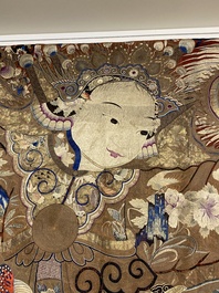 A large Chinese silk and metallic thread embroidered wall tapestry with an opera scene, 19th C.