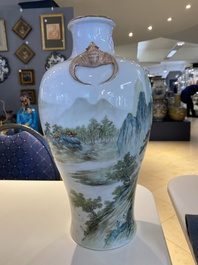 A Chinese famille verte 'meiping' vase with a fine landscape, Republic