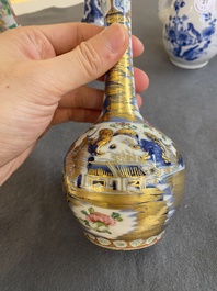 Quatre vases en porcelaine de Chine famille rose, un bol et une verseuse couverte en bleu et blanc, 19&egrave;me