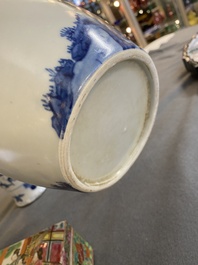 A pair of Chinese blue, white and copper-red vases, a blue and white covered vase and a Canton famille rose box and cover, 19/20th C.