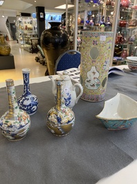 Four Chinese famille rose vases, a bat-shaped bowl and a covered jug, 19th C.