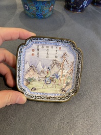 A square Chinese Canton enamel 'scholar' tray with a poem, Qianlong