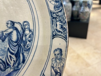 A Dutch Delft blue and white 'The abduction of Europa' dish, 1st quarter 18th C.