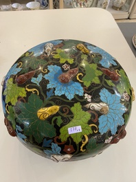 Een paar Chinese cloisonn&eacute; vazen, een grote dekseldoos en een kom, 19/20e eeuw