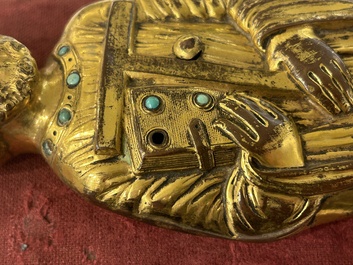 Een grote ingelegde vergulde koperen Sint-Antonius appliek, Limoges, Frankrijk, 13e eeuw of later