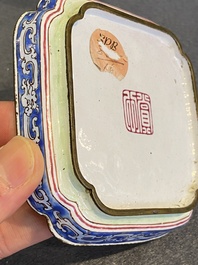 A square Chinese Canton enamel 'scholar' tray with a poem, Qianlong