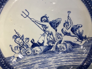 A Chinese blue and white mythological subject basin with Neptune, Qianlong