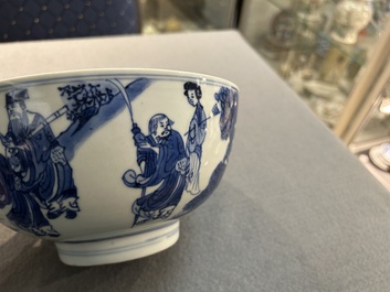 Bol en porcelaine de Chine en bleu et blanc &agrave; d&eacute;cor d'immortels, marque de Shen De Tang Bo Gu Zhi 慎德堂博古製, Kangxi