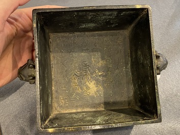 A Chinese inscribed square bronze censer, Ming