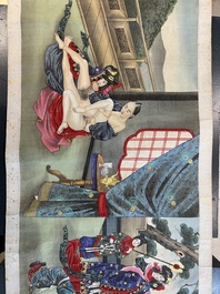 Japanse school: een shunga emaki (erotische handscroll), inkt en kleur op zijde, Edo/Meiji, 18/19e eeuw