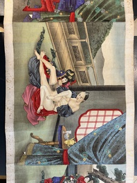 Japanse school: een shunga emaki (erotische handscroll), inkt en kleur op zijde, Edo/Meiji, 18/19e eeuw