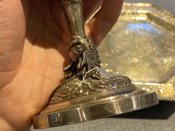 A Chinese silver monogrammed goblet and an octagonal tripod dish, 19/20th C.