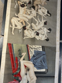 Japanse school: een shunga emaki (erotische handscroll), inkt en kleur op zijde, Edo/Meiji, 18/19e eeuw