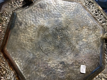 A Chinese silver monogrammed goblet and an octagonal tripod dish, 19/20th C.