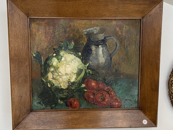 Sadji (Sha Qi, Sha Yinnian) (1914-2005): Still life with cauliflower, tomatoes and a stoneware ewer, oil on canvas