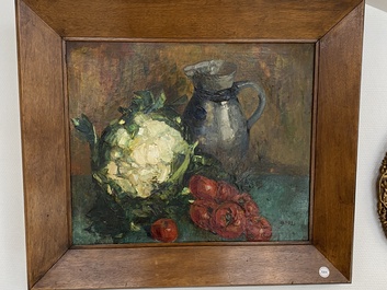 Sadji (Sha Qi, Sha Yinnian) (1914-2005): Nature morte d'un chou-fleur, de tomates et d'une aigui&egrave;re en gr&egrave;s, huile sur toile