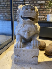 A pair of large Chinese white marble Buddhist lions, 19th C.