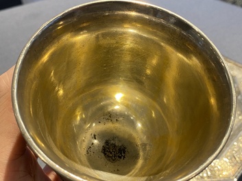 A Chinese silver monogrammed goblet and an octagonal tripod dish, 19/20th C.