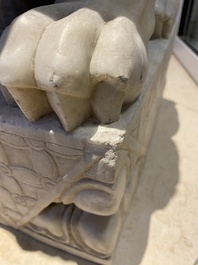 A pair of large Chinese white marble Buddhist lions, 19th C.