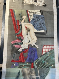 Japanse school: een shunga emaki (erotische handscroll), inkt en kleur op zijde, Edo/Meiji, 18/19e eeuw