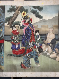 Japanse school: een shunga emaki (erotische handscroll), inkt en kleur op zijde, Edo/Meiji, 18/19e eeuw